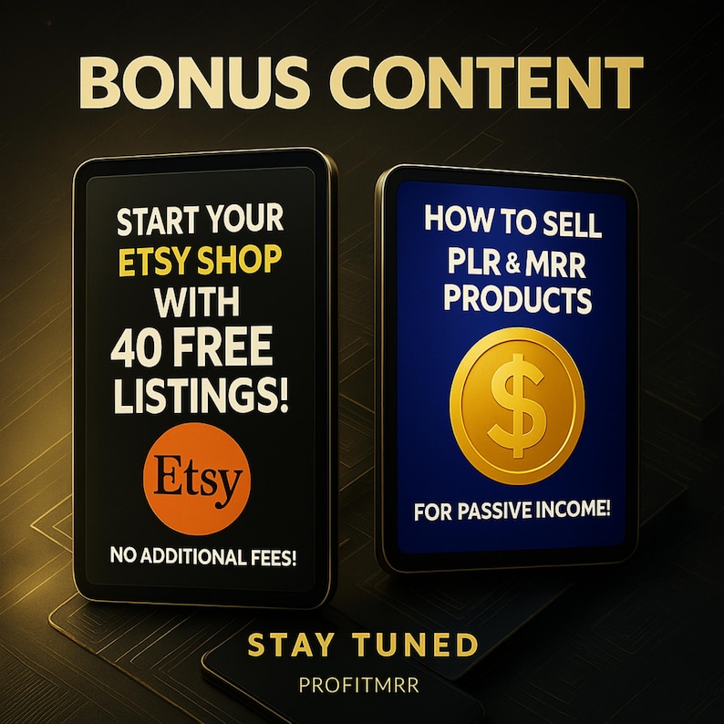 Pu&ograve; includere: Immagine promozionale con consigli per negozi Etsy. Due schermi digitali mostrano il testo: "Inizia il tuo negozio Etsy con 40 annunci gratuiti!" e "Come vendere prodotti PLR e MRR per un reddito passivo!" Il logo Etsy &egrave; arancione.