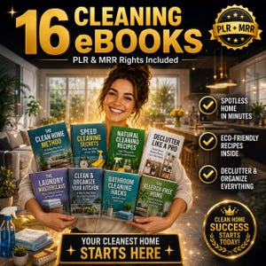 16 Cleaning Ebooks Bundle PLR MRR | House Cleaning Guide, Speed Clean, Natural Recipes, Declutter, Home Organization | Instant Download