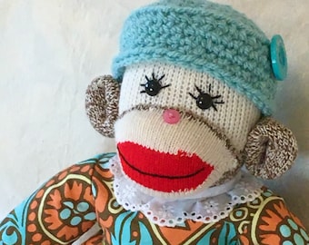 Dressed Sock Monkey, Girl Sock Monkey, Softie Sock Monkey, Toy Sock Monkey, Plush Sock Monkey, Collectable, Adorable Sock Monkey