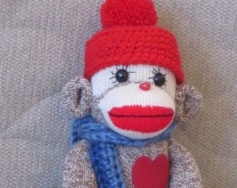 Handmade Sock Monkey Doll: Red Heel, Crocheted Hat & Scarf