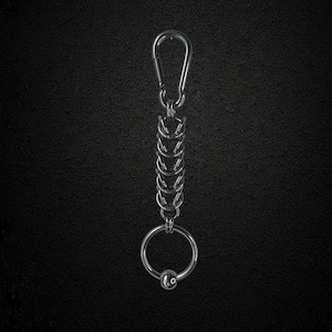 Può includere: Un portachiavi color argento con un moschettone nella parte superiore, collegato a una serie di anelli ad incastro. Un anello più grande nella parte inferiore tiene una piccola sfera d'argento. Lo sfondo è una superficie nera strutturata.