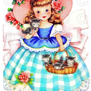 Southern Belle (rose et bleu) jolie fille avec des chatons dans un panier pour poupée carte image numérique vintage imprimable