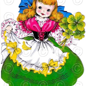 Cartão de boneca Sorte da Linda Garota Irlandesa, imagem digital, ilustração, dia de São Patrício, cartão de boneca Hallmark vintage, buquê de trevos para impressão