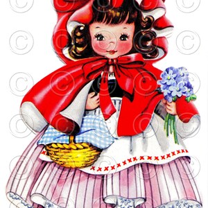 Chapeuzinho Vermelho Menina Bonita com Cesta de Flores Boneca Cartão Vintage Imagem Digital Ilustração