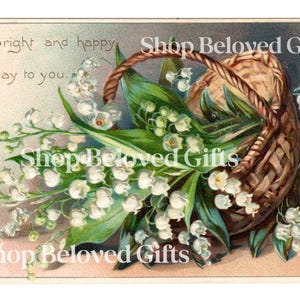 Vintage anniversaire victorien image numérique muguet imprimable - un panier de fleurs lumineux et joyeux anniversaire Clip Art