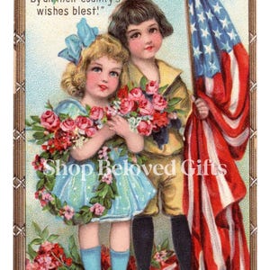 Enfants victoriens avec drapeau américain image numérique décoration vintage carte postale de jour imprimable America the Beautiful Frances Brundage