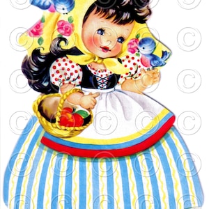 Princesa Branca de Neve, Menina Bonita com Pássaros Azuis, Ilustração Digital Vintage, Cartão de Boneca Branca de Neve Vintage para Imprimir