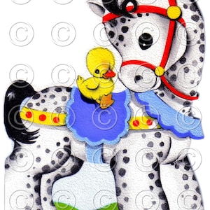 PONY -- weiß geflecktes Pferd mit kleiner Ente Vintage digitales Bild entzückende Pony-Kinderzimmer-Illustration zum Ausdrucken