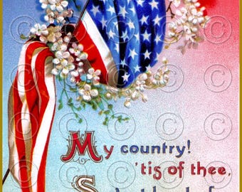 My Country Tis of Thee Vintage Postcard Digital Image Vintage American Flag Postcard Printable