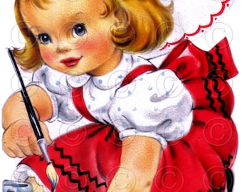 Pretty Little Girl painting hearts Vintage Valentine Digital Image Illustration