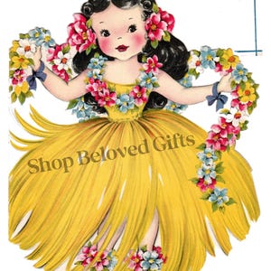 Linda garota havaiana de hula com colares de flores, imagem digital para impressão, festa de luau havaiana