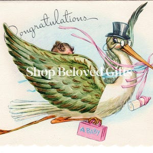 Adorable cigogne et bébé image numérique vintage vintage voeux de nouveau bébé avec cigogne imprimable - Félicitations