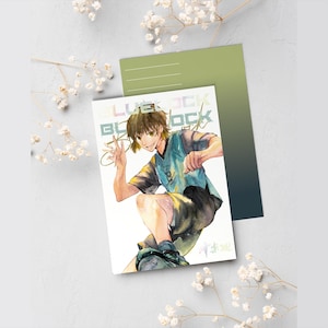 May include: A watercolor illustration of a young man wearing a blue and white jersey with the word "Blue Lock" written in a stylized font. He is wearing black shorts and is in a running pose. The background is a gradient of green and blue.