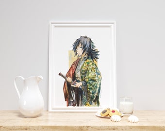 Póster de anime: Tomioka Giyuu, acuarela, arte de pared, decoración del hogar