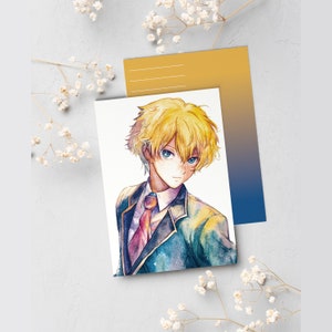 May include: A watercolor illustration of a young person with blond hair wearing a blue blazer and a red tie. The person has a serious expression on their face.