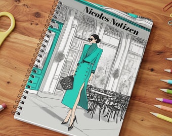 Gepersonaliseerd notitieboekje met naam, Parijs mode, A5-formaat, gelinieerd, 75 vellen, 150 pagina's