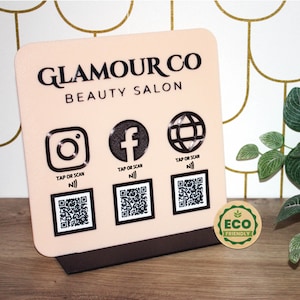QR Code Sign 3 icons & TAP with Logo I Eco-Friendly Social Media Sign I Business Tap and Scan Sign | NFC Stand I Business Plaque |
