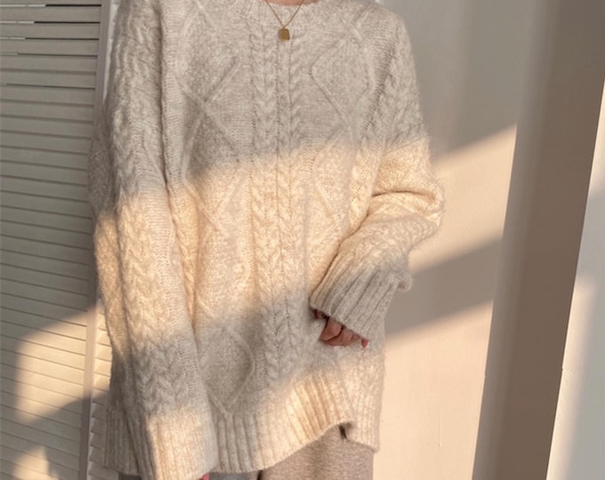 Women's Mohair Sweater, Plush and Plus-Sized for Autumn and Winter, Mid-Length Twisted Cable Knit - Womens Clothing, Knit Wear, Gift for Her