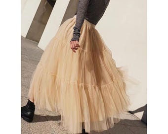 Ethereal Layered Tulle Skirt, Women&#39;s Mid-Length High-Waisted Cake Skirt with Pleats, Chic Khaki & Apricot Magic, Womens Fall Clothinng
