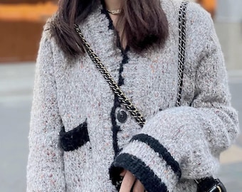 Cárdigan corto gris con cuello en V para mujer, tejido de punto de mezcla de mohair, ideal para otoño e invierno, regalo para ella, suéter navideño.