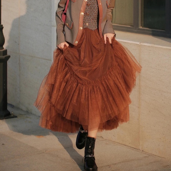 Women's Semi-Skirt for Autumn and Winter, Tiers of Tulle, High-Waist Faux Cake Skirt, Caramel Colored, Womens Clothing, Gift for Her