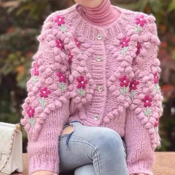 Pink Cozy Chunky Knit Cardigan with Sweet Floral Detail, Womens Clothing, Fall Sweater, Knitwear, Hand Knit Sweater, Sweater for Women