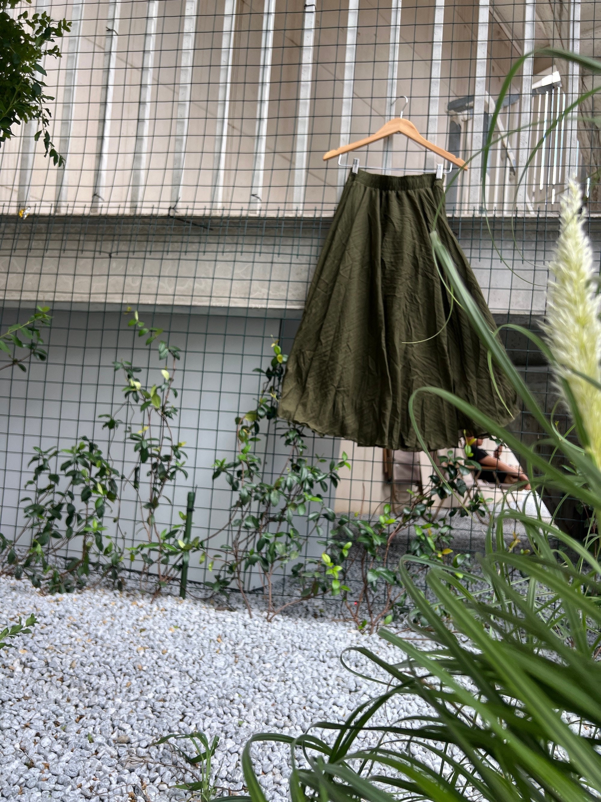 Military Green Linen Style Skirt, Autumn Maxi High-Waisted Skirt, Womens Clothing, Gift for Her, Fall Maxi Skirt, Halloween outfit
