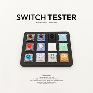 以下が含まれることがあります： さまざまな色の12個のKailh Choc v2スイッチを備えた黒いスイッチテスター。 スイッチは3列4行に配置されています。 上部には「SWITCH TESTER」と「Kailh Choc v2 Switches」の文字があります。 下部のテキストには、スイッチの種類がリストされています。