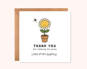 Personalised Thank You Teacher Card, Helping Me Grow, Nursery Teacher Gift, Cute Flower Card, Handmade UK