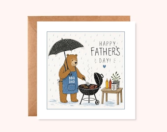 Cute Fathers Day Card | BBQ Bear Dad in the rain  | Funny Father's Day | British Weather | Handmade UK