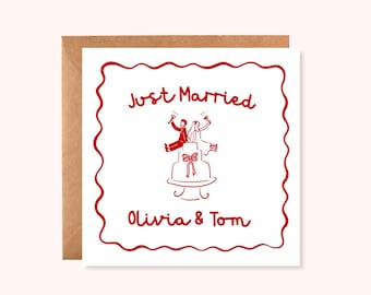 Personalised Just Married Wedding Card – Whimsical Doodle Line Wedding Card – Cake, Bow Wedding Congratulations Card – Handmade UK