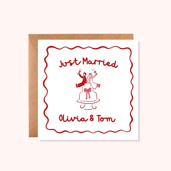 Personalised Just Married Wedding Card – Whimsical Doodle Line Wedding Card – Cake, Bow Wedding Congratulations Card – Handmade UK