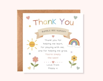 Cute Personalised Thank You Nursery / Pre School Card  from Child | End of Term Gift | Handmade UK