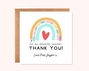 Personalised Thank You Teacher Card, For My Amazing Teacher, Teacher Appreciation Card, End of Term Gift, Cute School Card, Handmade UK
