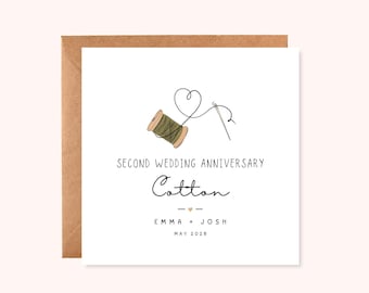 Personalised Second Wedding Anniversary Card | Cotton Anniversary Card | Minimalist Keepsake | Handmade UK