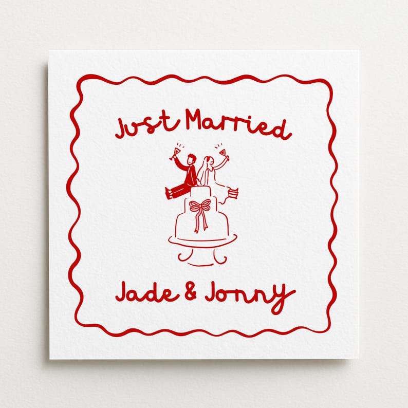 K&ouml;nnte beinhalten: Eine wei&szlig;e quadratische Karte mit rotem Rand und roter Illustration. Die Illustration zeigt eine Hochzeitstorte mit einem Paar, das mit Champagner anst&ouml;&szlig;t. Die Worte "Just Married" und "Jade & Jonny" sind rot geschrieben.