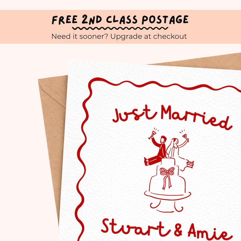 K&ouml;nnte beinhalten: Eine wei&szlig;e Hochzeitskarte mit rotem Text und rotem Rand. Die Karte zeigt eine Zeichnung einer Hochzeitstorte mit Braut und Br&auml;utigam oben und die Worte "Just Married" und "Stuart & Amie".