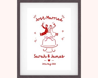 Personalised Wedding Keepsake, Just Married Whimsical Wedding Cake, Custom Newlywed Wall Art Gift, UK