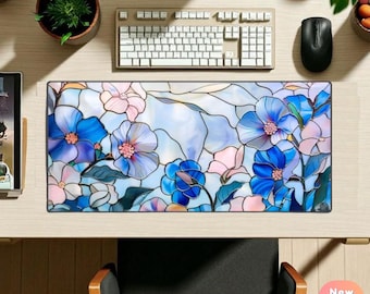 Stained Glass Floral Desk Mat XL Mouse Pad | Cute Desk Decor Keyboard & Mouse Pad | Beautiful Non-slip Laptop Gaming Desk Mat for women