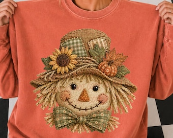SCARECROW png, Fall png, Faux quilted scarecrow digital for sublimation & dtf, Faux applique fall png, scarecrow and sunflower png