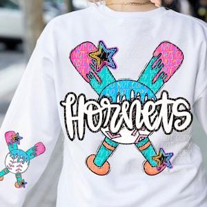 May include: White sweatshirt with a colorful graphic design of crossed baseball bats, a baseball, and the word "Hornets". The graphic has a neon and dripping paint effect.