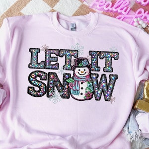 LET IT SNOW rhinestone faux embroidery digital for sublimation and dtf, faux embroidery snowman png, Rhinestone winter png, Snow png