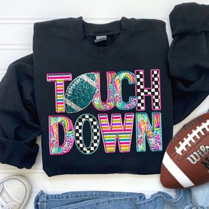 COLORFUL TOUCHDOWN png, faux embroidery, faux glitter, Touchdown season, pink football png, Football Mama digital for sublimation and dtf