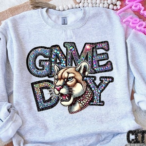 GAME DAY COUGARS png, rhinestone faux embroidery cougars, rhinestone mascot, digital for sublimation & dtf, rhinestone cougars png