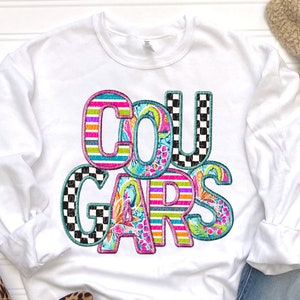 COUGARS Faux Embroidery School Spirit digital for sublimation & dtf png, cougars school spirit png, checker school spirit, Cougars png