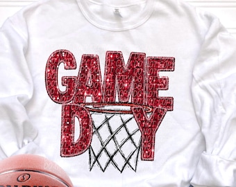 BASKETBALL GAME DAY faux embroidery glitter digital for sublimation & dtf, glitter basketball png, basketball png, Basketball mom png