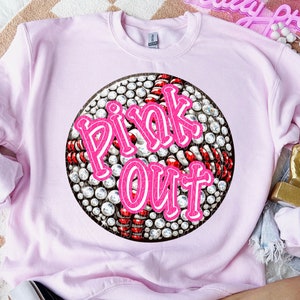PINK OUT BASEBALL Softball faux rhinestone faux embroidery digital for sublimation and dtf png, pink out png, breast cancer awareness png