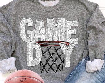 BASKETBALL GAME DAY faux embroidery glitter digital for sublimation & dtf, glitter basketball png, basketball png, Basketball mom png