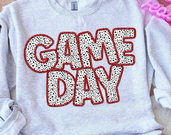 GAME DAY faux embroidery digital for sublimation & dtf, dalmatian dots game day png, game day png, Sports mom png, red game day png