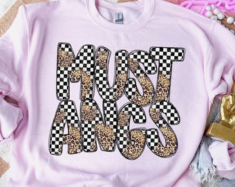 MUSTANGS LEOPARD CHECKER School Spirit digital for sublimation & dtf png, leopard school spirit png, checker school spirit png, mustangs png